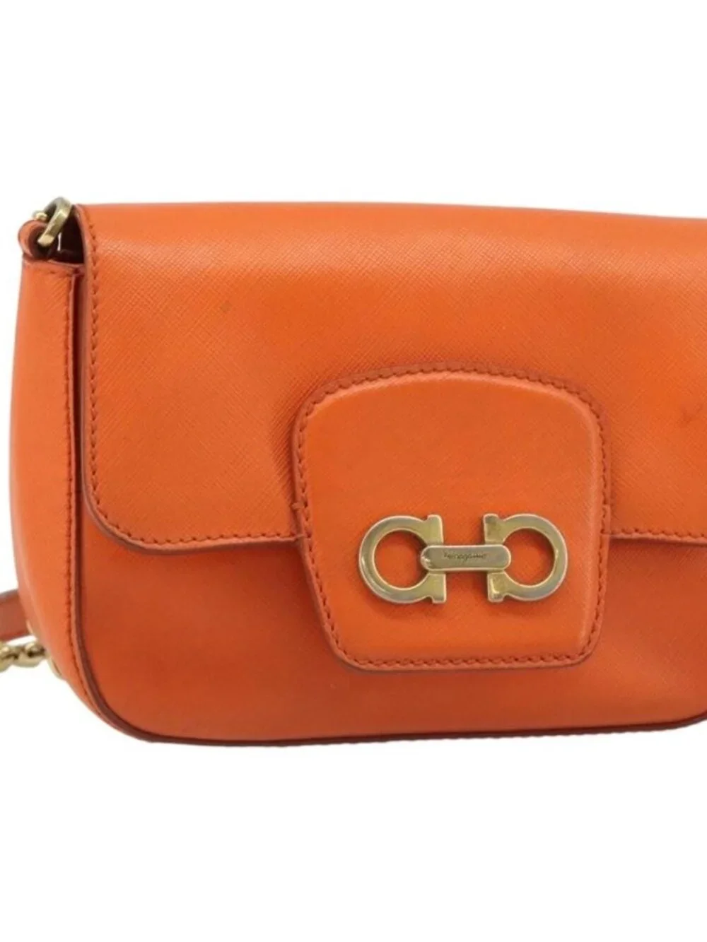 Salvatore Ferragamo Gancini Chain Shoulder Bag Leather Orange Gold Auth 185560